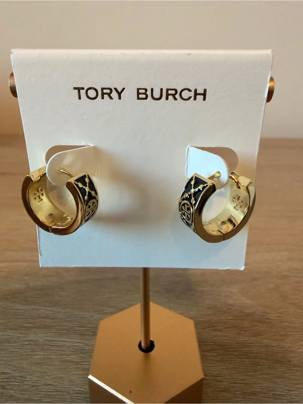 Tory Burch Kira Black Enamel Logo Huggie Hoop Earrings Gold Tone